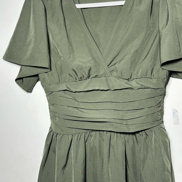 Olive Army Green V-Neck Flutter‎ Sleeve Ruched Waist A-Line Mini Dress small - Picture 4 of 15